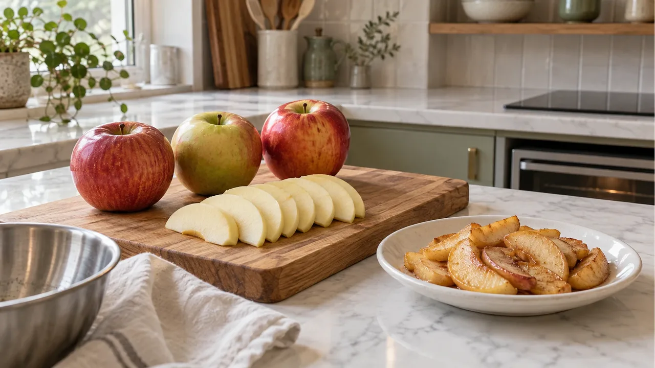 Three whole apples and peeled apple slices on a wooden board, with baked apple slices on a white plate in a sunlit kitchen