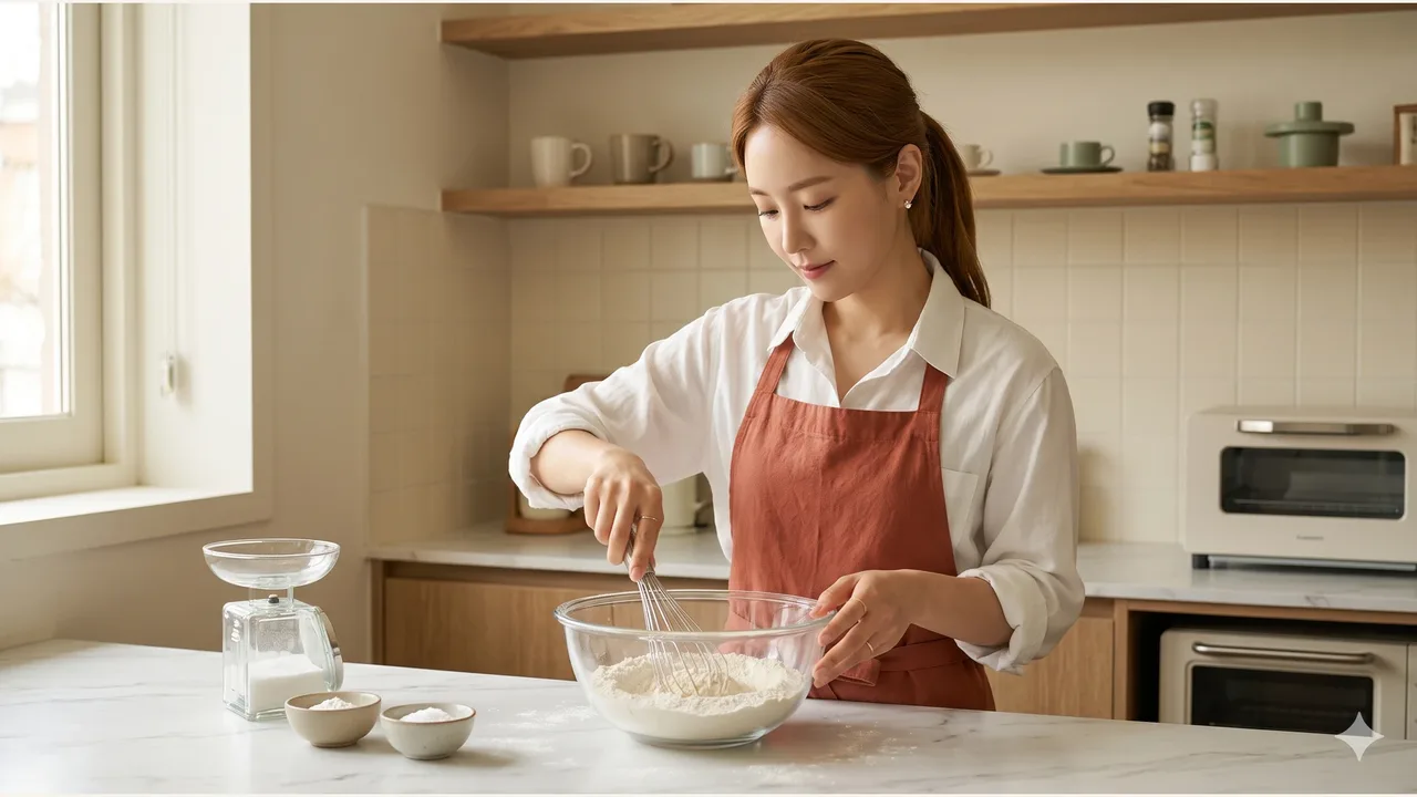 유리 볼에 담긴 밀가루와 아몬드가루를 거품기로 섞는 손