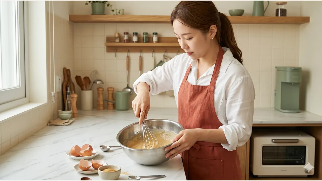 스테인리스 볼에서 옅은 갈색 달걀 반죽을 거품기로 휘핑하는 손