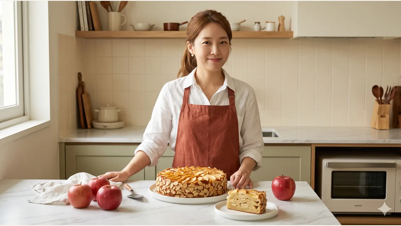 테라코타 앞치마를 입은 여성 앞에 윗면에 사과 조각이 얹히고 옆면에 슬라이스 아몬드가 붙은 사과 케이크와 한 조각, 붉은 사과와 린넨 행주가 놓인 밝은 주방
