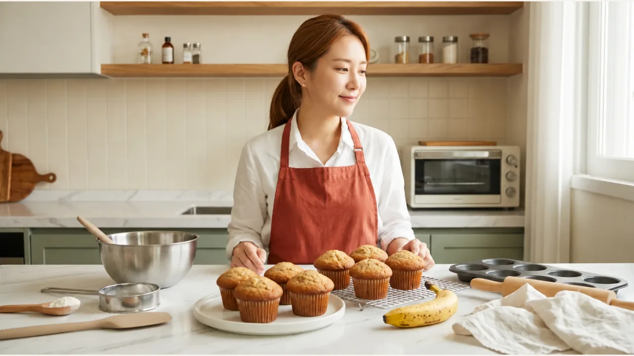 테라코타 앞치마를 입은 여성 앞에 토핑 없는 황금빛 바나나 머핀과 잘 익은 바나나가 놓인 밝은 주방