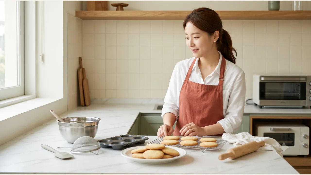 테라코타 앞치마를 입은 여성이 식힘망과 흰 접시에 담긴 황금빛 버터쿠키를 바라보는 주방