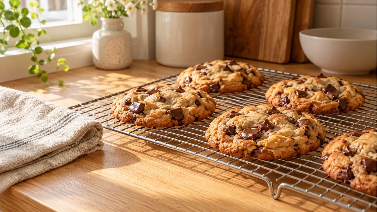 Freshly baked chewy chocolate chip cookies cooling on a wire cooling rack on a bright natural oak wooden countertop beside a linen cloth