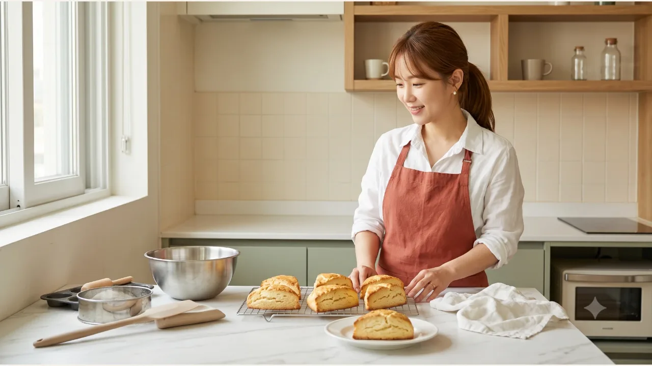 테라코타 앞치마를 입은 여성 앞에 황금빛 생크림 스콘이 식힘망과 흰 접시에 놓인 밝은 주방