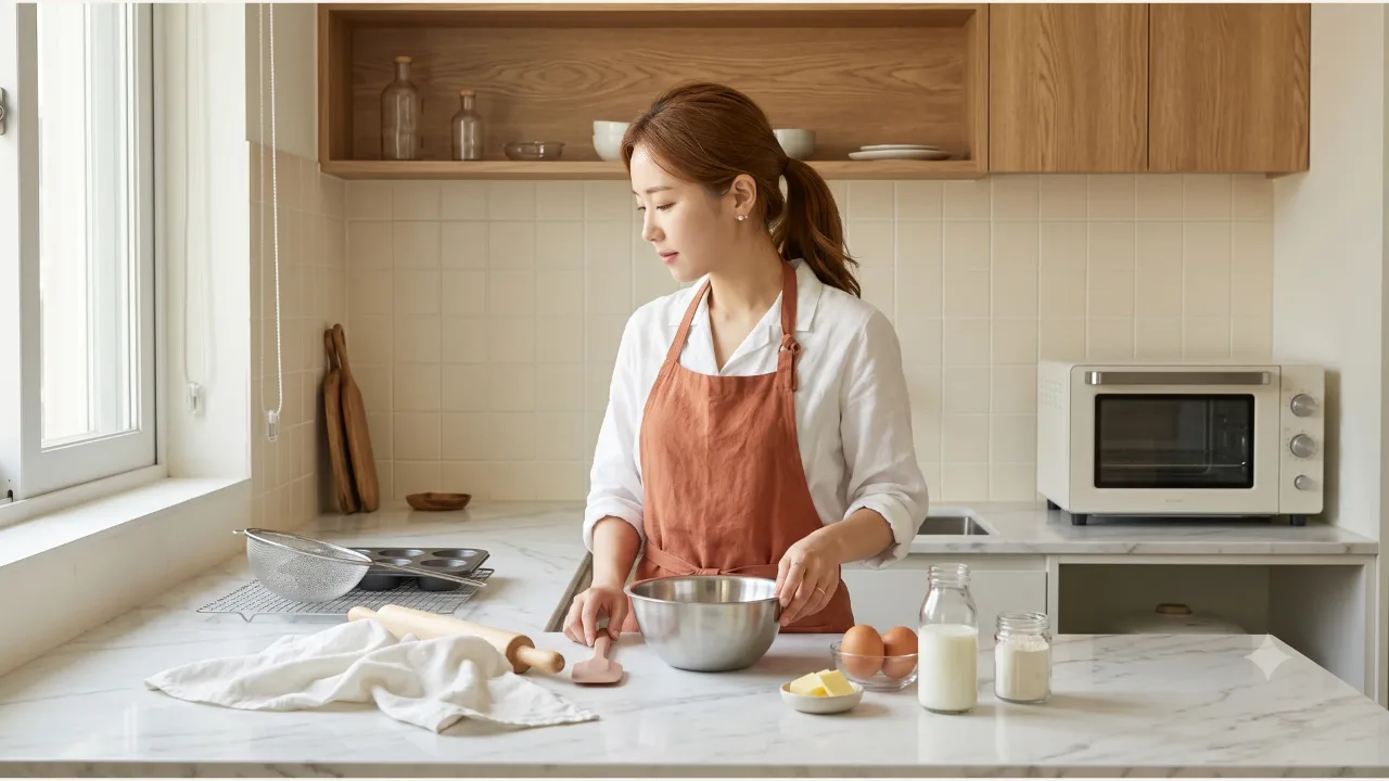 테라코타 앞치마를 입은 여성이 믹싱볼과 계란, 우유, 버터를 준비하는 크림색 홈베이킹 주방