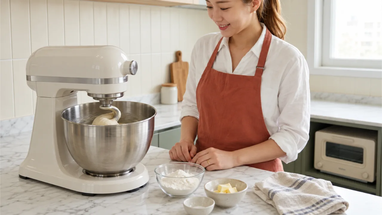 반죽기 훅이 우유식빵 반죽을 치대는 동안 손을 볼 밖에 두고 상태를 살피는 모습