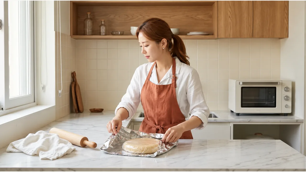 흰 셔츠와 테라코타 앞치마를 입은 여성이 랩으로 감싼 원반 반죽 위로 포일을 접는 모습