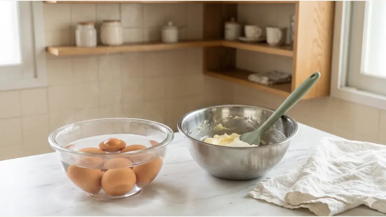 Whole eggs in a glass bowl of warm water on a white marble counter beside a stainless mixing bowl of creamed butter and sugar, with a linen towel nearby