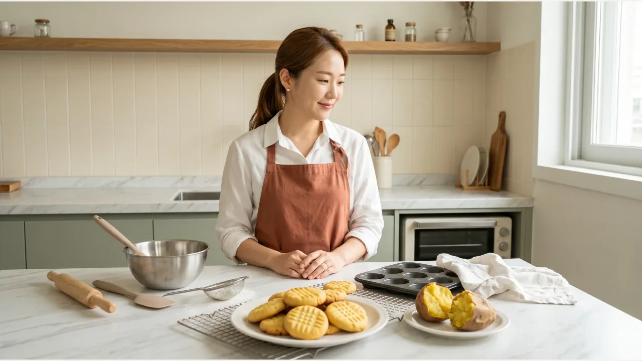 테라코타 앞치마를 입은 여성 앞에 노란 고구마쿠키와 반으로 나눈 익힌 고구마가 놓인 주방